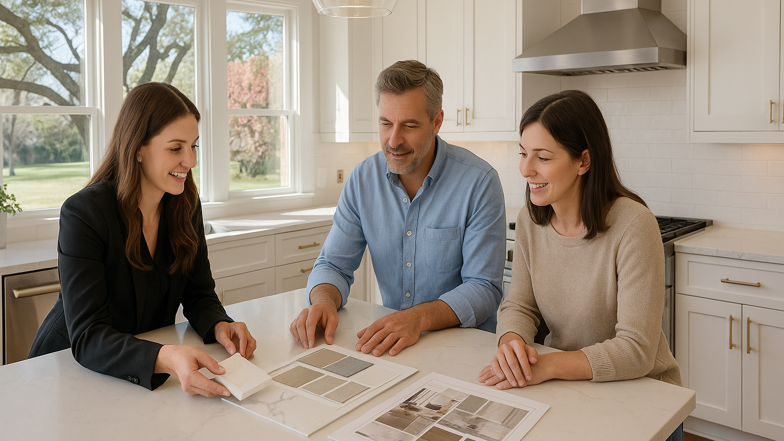 Designer and homeowners reviewing plans and quartz samples in a bright Dallas showroom