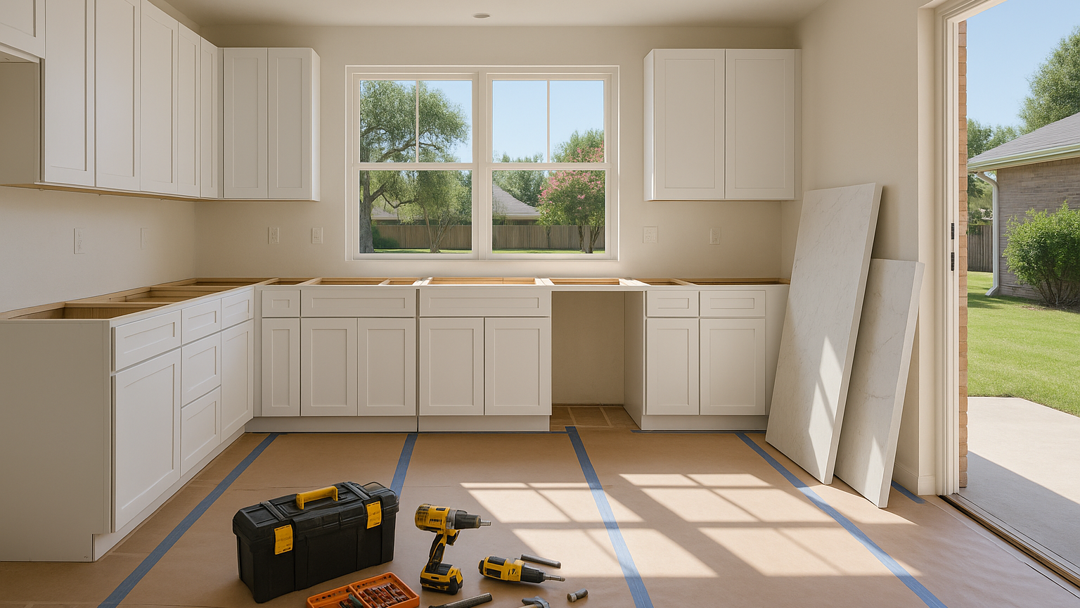 Clean in-progress kitchen renovation with staged cabinets and protected floors