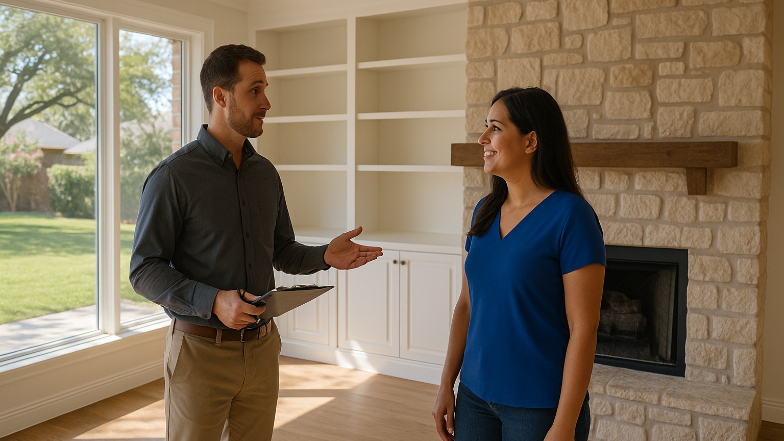 Project manager and homeowner walkthrough in a renovated living room