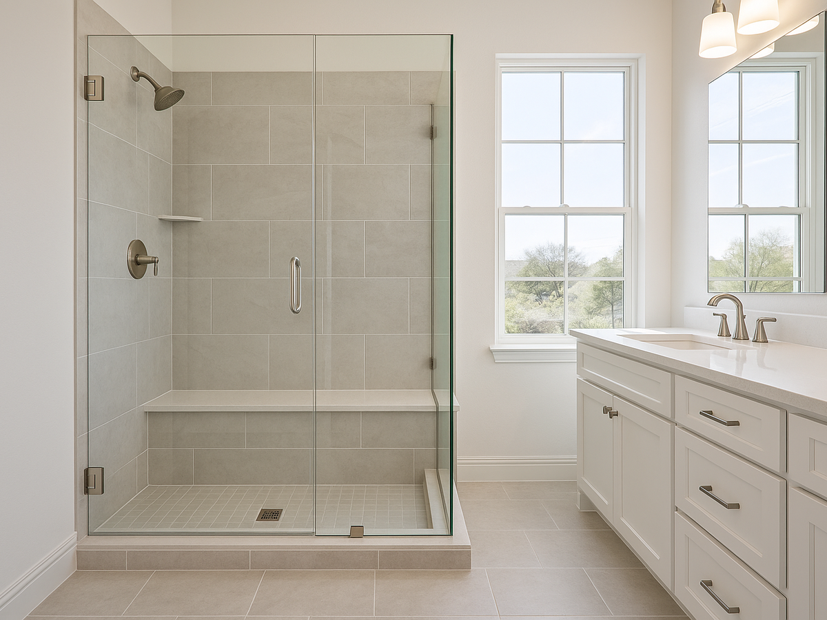 Walk-in shower renovation with glass enclosure in DFW