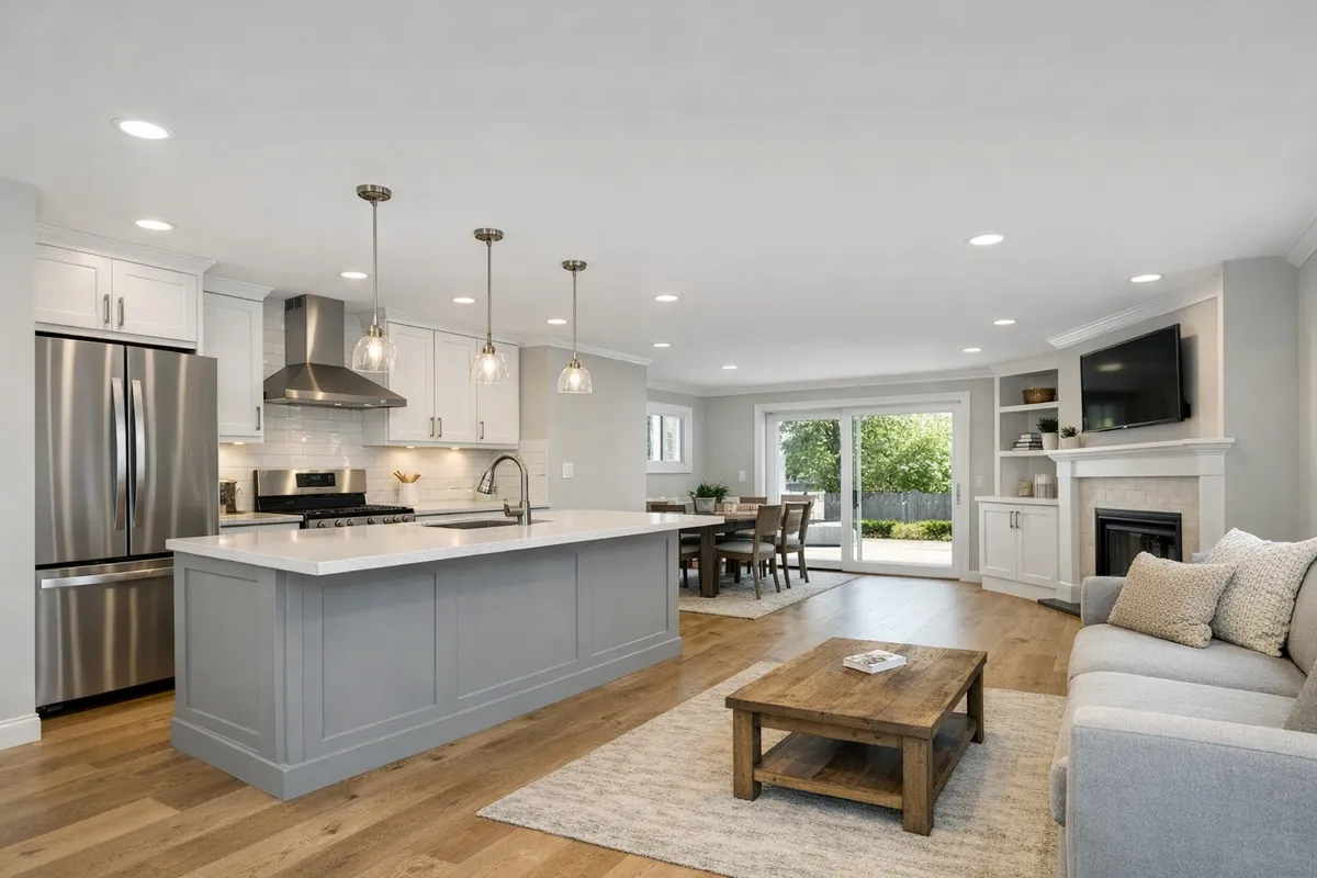 Insurance restoration project with fully repaired kitchen and living area in Dallas-Fort Worth