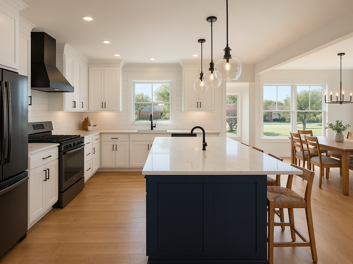 Open-concept kitchen remodel with navy island in DFW